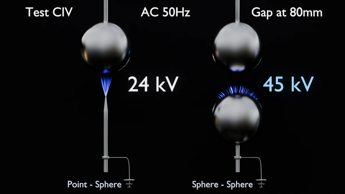 Corona inception voltage test: at an 80 mm gap, a point electrode incepts at 24 kV and a 250 mm sphere at 45 kV (AC 50 Hz)