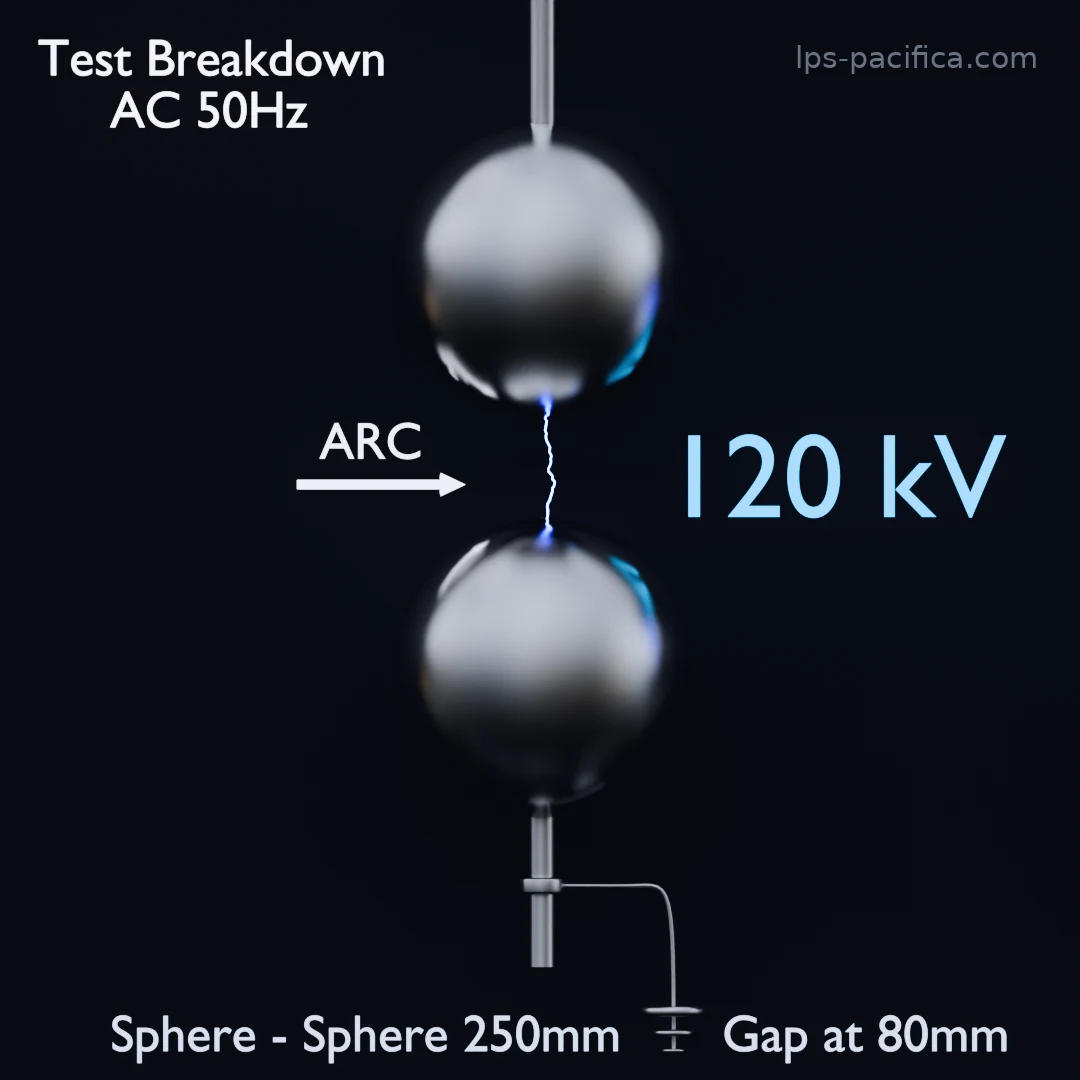 Electrical breakdown between two 250 mm spheres: the arc bridges the 80 mm gap at 120 kV — sphere-sphere configuration, AC 50 Hz