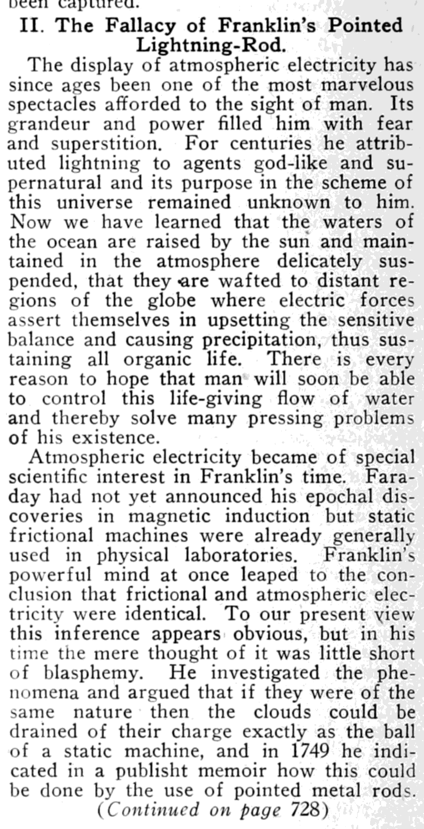 Facsimile of page 694 of The Electrical Experimenter, February 1919: the end of the first part and the opening of &ldquo;II. The Fallacy of Franklin&rsquo;s Pointed Lightning-Rod&rdquo;