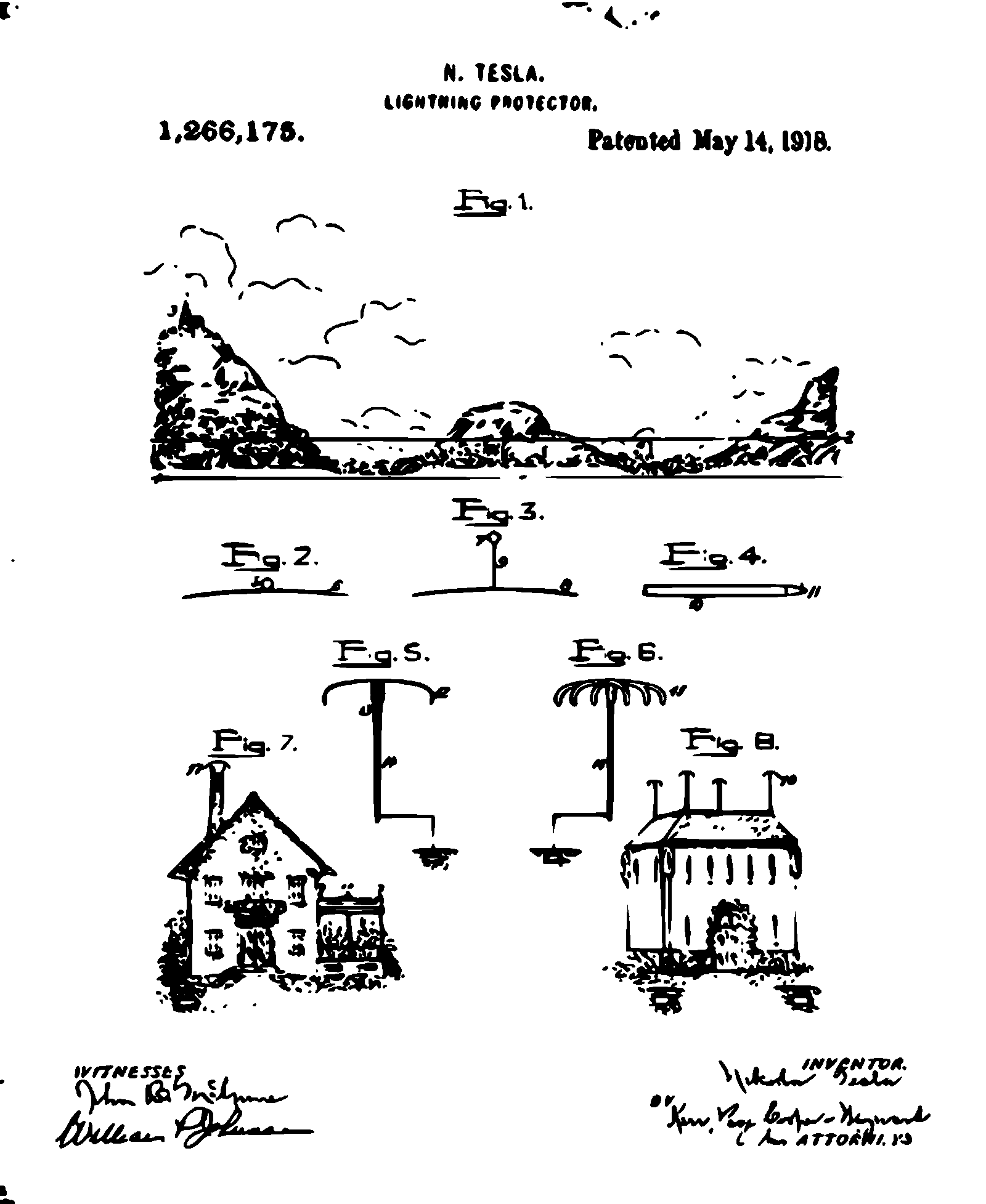 Facsimile of the front page of Nikola Tesla’s 1918 lightning protector patent, U.S. Patent No. 1,266,175
