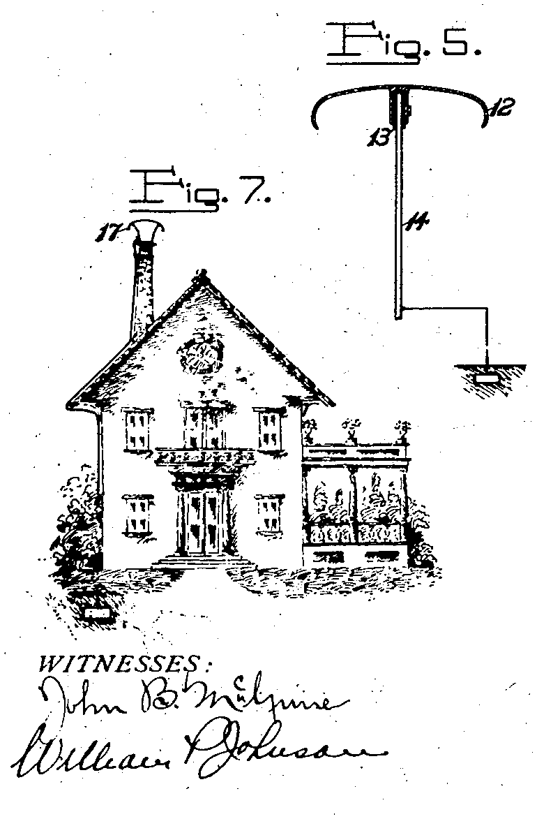 Black-and-white illustration of Figs. 5 and 7 from Nikola Tesla’s patent, showing a cross-sectional view of an ellipsoidal dome and its installation on a house.
