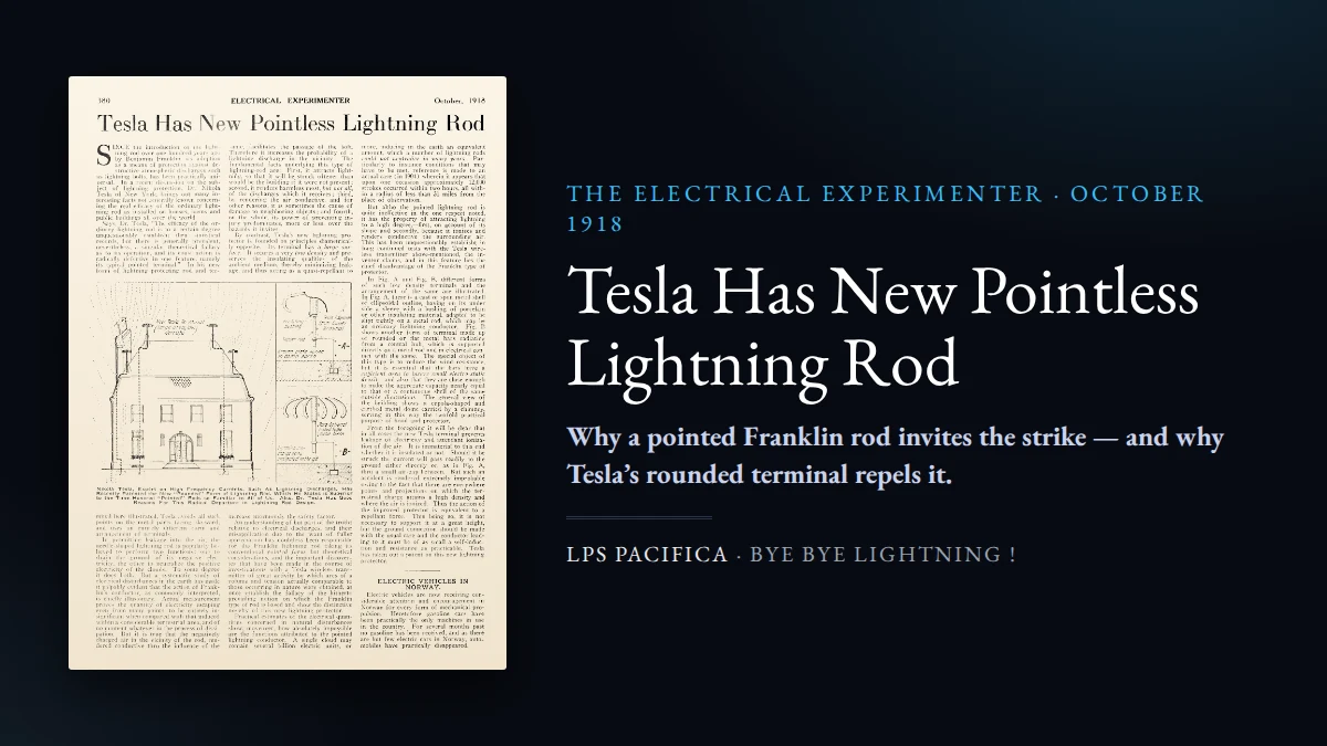 Tesla pointless lightning rod — 1918 press article